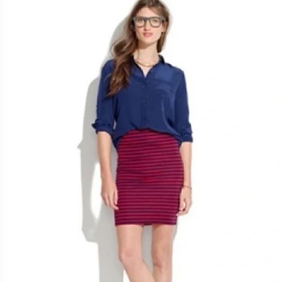 Madewell "Poppy" Navy Blue Red Striped Jersey Knit Pencil Skirt Bodycon - Picture 1 of 9